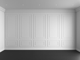3d render of white interior with panels on wall and dark wood on floor illustration - 649878663
