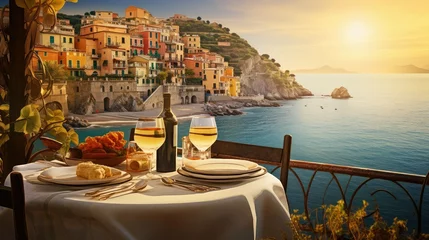 Poster Im Rahmen travel italian coastal dining illustration food people, sea blue, mediterranean outdoor travel italian coastal dining © sevector