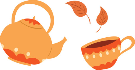 Autumn tea and leaves vector. Hot beverage 