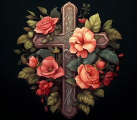 A wooden cross in a beautiful illustration surrounded by rose flowers. Artistic representation of a wooden cross in a floral arrangement. Cross with beautiful rose flowers.