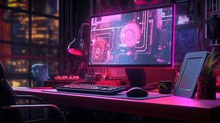 Generative AI, Computer on the table in cyberpunk style, nostalgic 80s, 90s. Neon night lights vibrant colors, photorealistic horizontal illustration of the futuristic interior. Technology concept..	