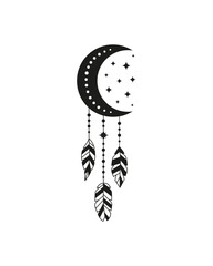 Boho moon with feathers and stars.