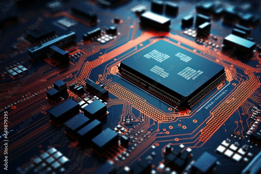Poster miniature circuit board. science data microchip. generate ai