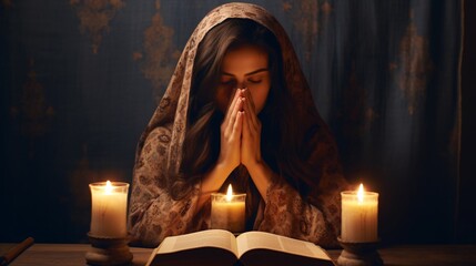 A Jewish woman prays, hands covering her face by the Shabbat candles, with a prayer book nearby..