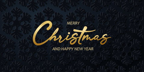 Merry Christmas and Happy New Year red holiday card design. Golden foil letters, snowflakes, lettering. Shiny festive metallic letters. Dark black background with snowflakes