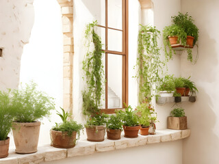 Fototapeta na wymiar Chalk-colored rustic house full of plants pots