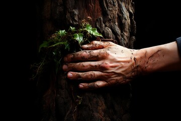 A caring hand gently rests on weathered bark of a towering tree trunk, symbolizing our commitment...