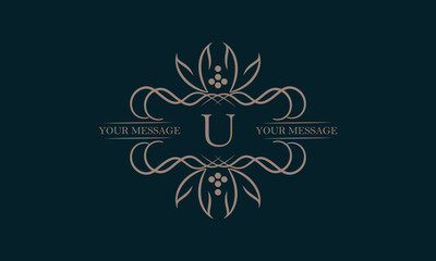 Luxury logo with letter U and beautiful stylish floral ornament. Elegant frame design in vector illustration. Monogram, emblem.