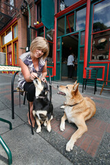 A Woman Trains With Her Two Dogs As She Sits In Front Of A Coffee Shop In Downtown; Victoria,...