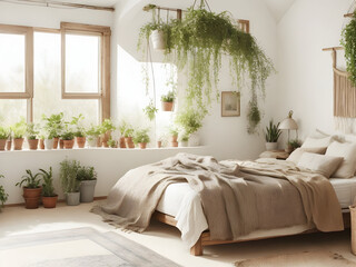 Chalk-colored rustic bedroom full of plants pots
