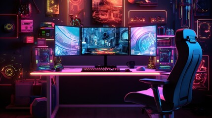 Generative AI, Computer on the table in cyberpunk style, nostalgic 80s, 90s. Neon night lights vibrant colors, photorealistic horizontal illustration of the futuristic interior. Technology concept.