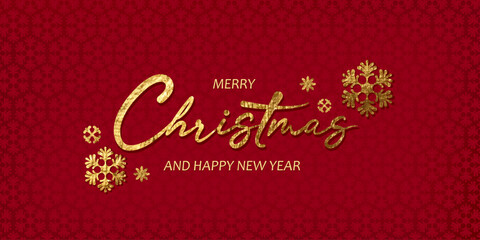 Merry Christmas and Happy New Year red holiday card design. Golden foil letters, snowflakes, lettering. Shiny festive texture.