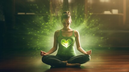 Guided Meditation for Healing the Heart Chakra: A woman in a lotus pose - obrazy, fototapety, plakaty
