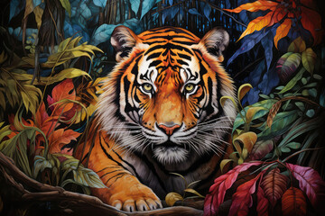 Tiger Resting In Jungle Painted With Crayons