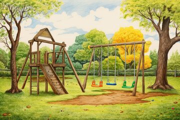 Swing Set In The Park Painted With Crayons