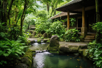 Fototapeta na wymiar Traditional Bathhouse Surrounded By Lush Greenery