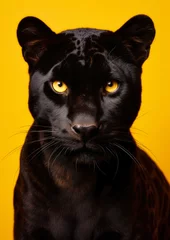 Foto op Plexiglas Animal portrait of a black panther on a yellow background conceptual for frame © gnpackz
