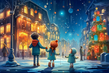  Children Christmas Shopping -- Background or use as a Greeting card