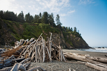 Driftwood Piled As A Shelter On The Beach; La Push Washington United States Of America