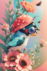A magical bird with glasses and a cap surrounded by blooming flowers.