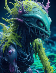 Dark fantasy scene showing neon monster.