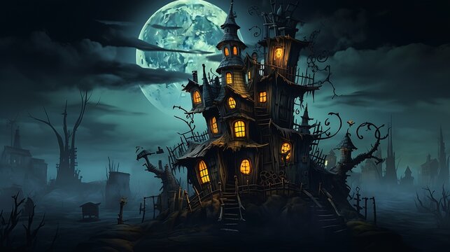 spooky castle full moon background halloween decorations people looking house clockwork atmosphere cheerful library houses faces