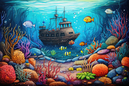 Underwater Treasure Hunt Adventure Painted With Crayons