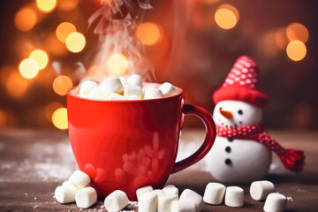 Obraz na płótnie Canvas Merry Christmas and Happy New Year greeting card with Hot Chocolate in red mug with Snowman.