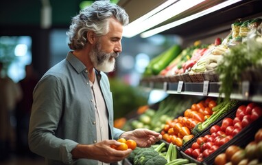 Mature handsome man shopping in grocery store. Generative AI - Powered by Adobe