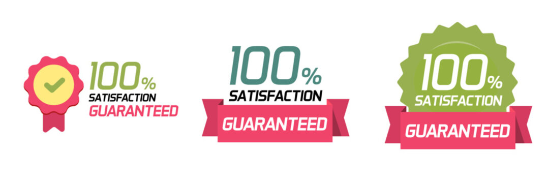 Guarantee satisfaction 100 percent seal stamp icon vector graphic green red illustration set, quality warranty award badge banner online product ribbon image clipart