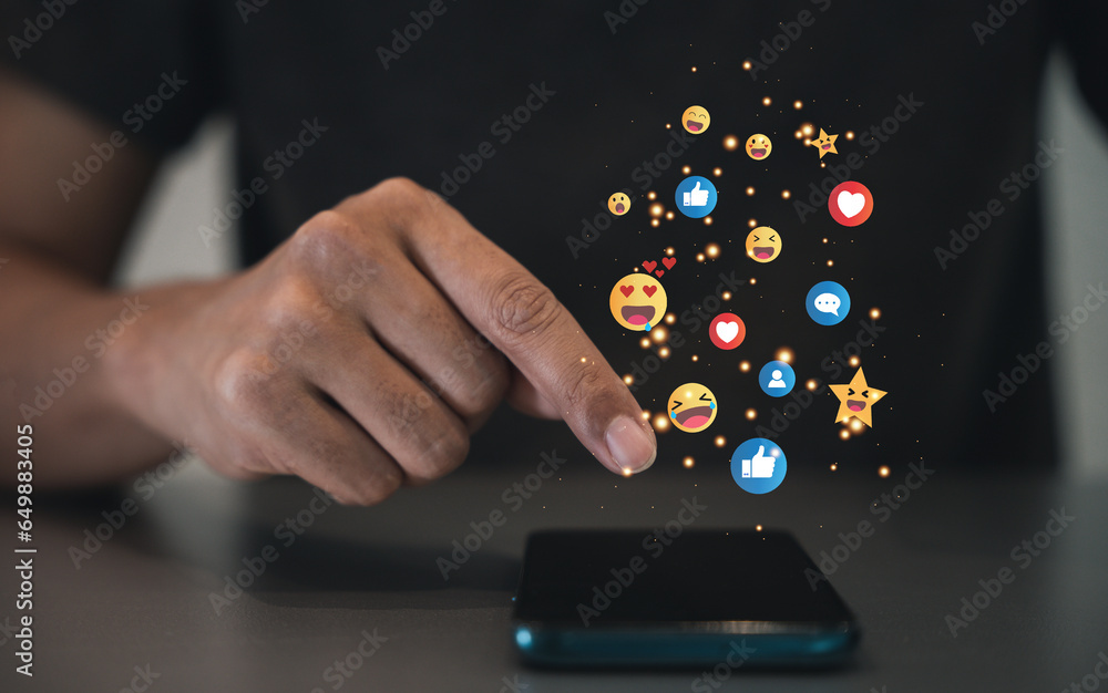 Poster social media communication and web connection. man holding smartphone with digital banner and applic