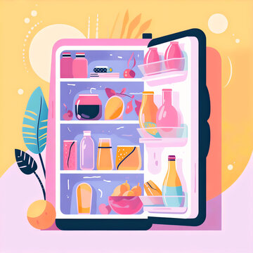 Whimsical and Sleek Fridge Illustration with Minimal Lines in Colorful Style