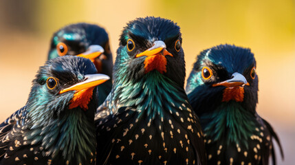 Group of Cape Glossy Starlings closeup