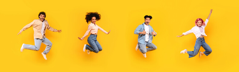 Emotional teen students jumping up high in the air isolated on yellow studio background, panorama