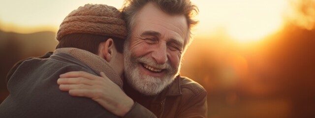 An older man is hugging his adult son with a smile on his face. Generative AI. - Powered by Adobe