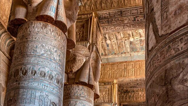 Beautiful interior of the Temple of Dendera or the Temple of Hathor. Egypt, Dendera.