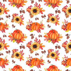 Seamless watercolor pattern design: pumpkins and sunflowers with autumn leaves and acorns