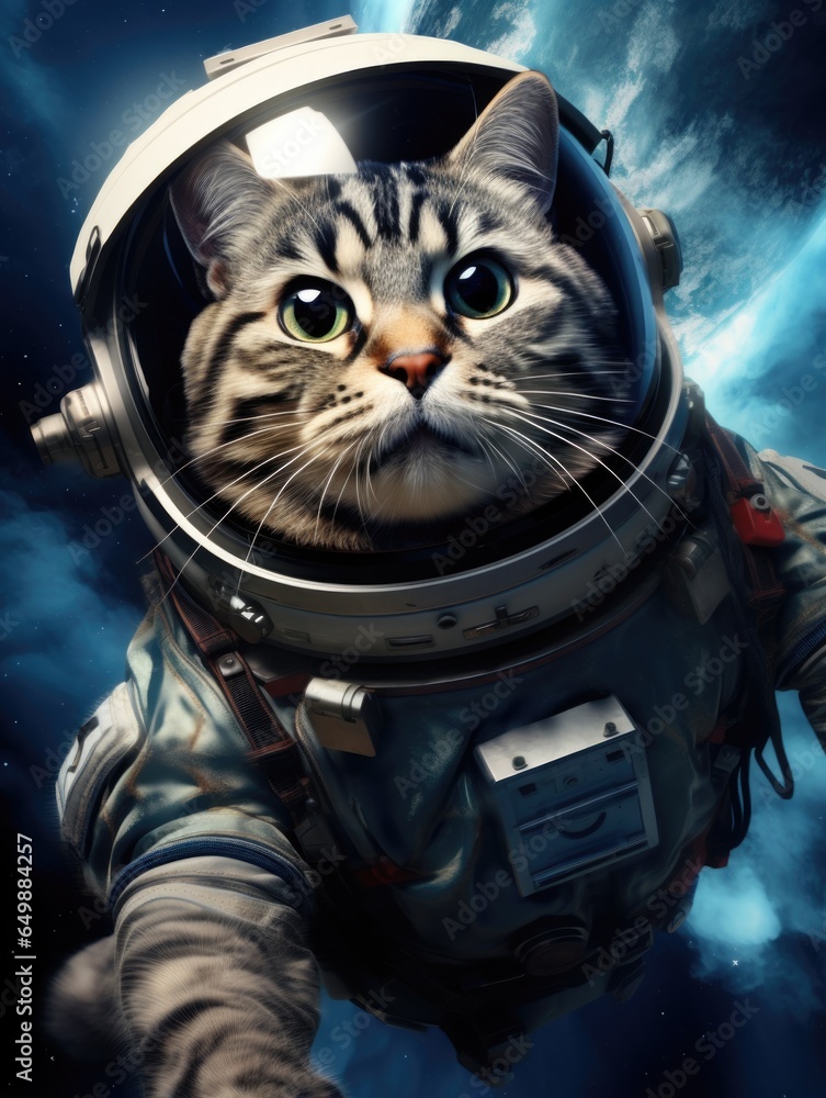 Aufkleber a cat in a space suit floating through the air. generative ai.
