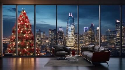 A modern office transforms into a festive wonderland with a Christmas tree and a magnificent view of the city, creating a unique holiday