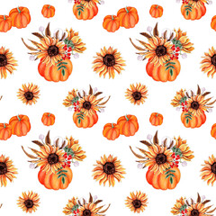 Seamless watercolor pattern design with pumpkins and sunflowers