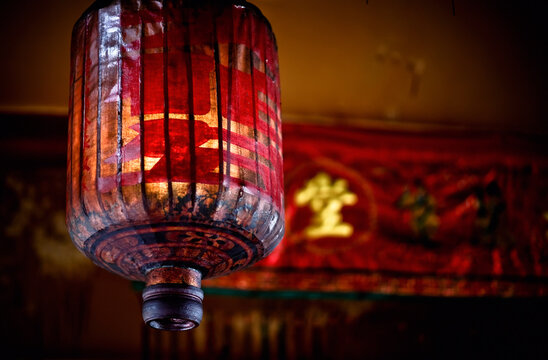 Ancient And Traditional Red Chinese Lantern Hangs In The Temple; Penang Malaysia