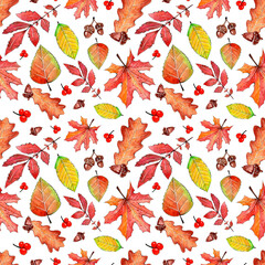 Seamless pattern with watercolor autumn fall leaves.