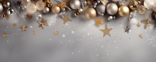 Christmas gray background. Christmas decorations, balls, snowflakes and stars in golden and silver colors. Top view, copy space.