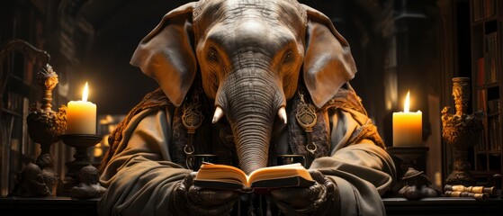Fototapeta na wymiar A studious elephant as a scholar wearing traditional academic robes sitting in an ancient library fine details realistic surrounded by ancient scrolls and books candlelight focused and serene