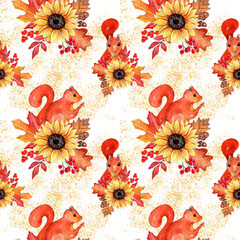 Watercolor squirrel and sunflower pattern design, animal background.