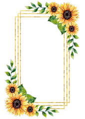 Watercolor Sunflower Floral Frame Design isolated on white background.