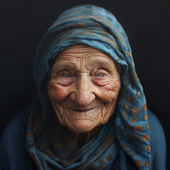 Old grandmother smiling face close up with wrinkles with scarf over her head European looking