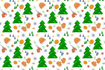 seamless winter pattern bright green fir trees, orange oranges, bare snowflakes, knitted hat and mittens set