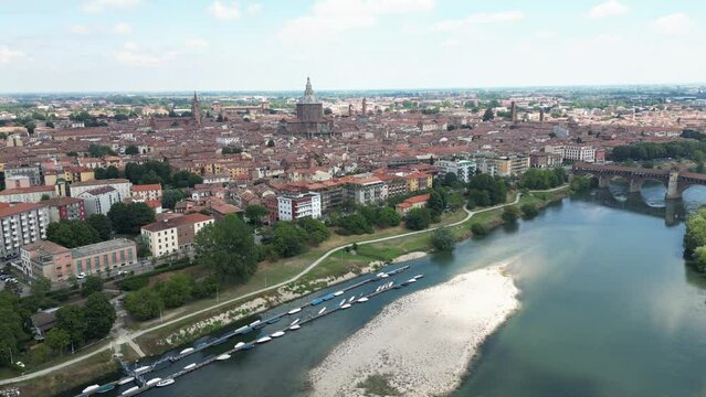 Phenomenal Aerial drone view of Pavia in City in Lombardy Italy and  Ticino river taken on 2023