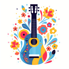 Whimsical Flat Illustration of Sleek, Stylized Guitar with Minimal Lines in Colorful Style